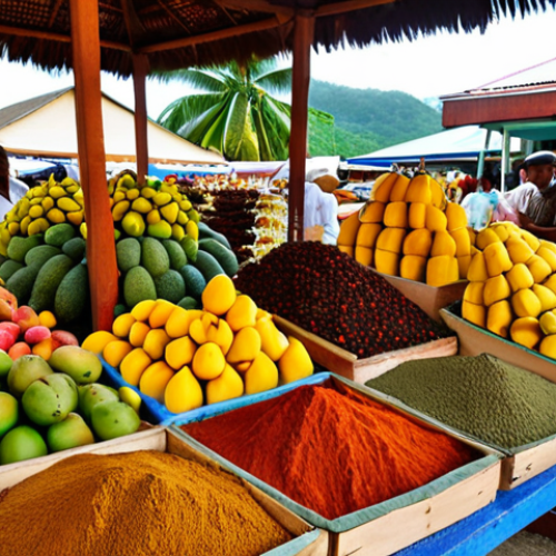 Home 4 **Image Prompt:** A vibrant marketplace in Victoria, Seychelles. Focus on the colorful displays of spices, fresh tropical fruits (mangos, papayas, pineapples, Golden Apples), and local vendors proudly presenting their homemade spice blends. Capture the bustling atmosphere and the sensory overload of sights and smells.