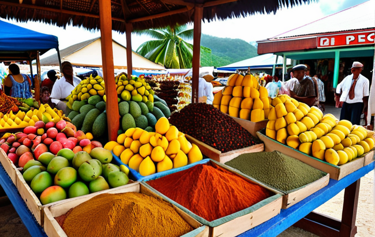 **Image Prompt:** A vibrant marketplace in Victoria, Seychelles. Focus on the colorful displays of spices, fresh tropical fruits (mangos, papayas, pineapples, Golden Apples), and local vendors proudly presenting their homemade spice blends. Capture the bustling atmosphere and the sensory overload of sights and smells.