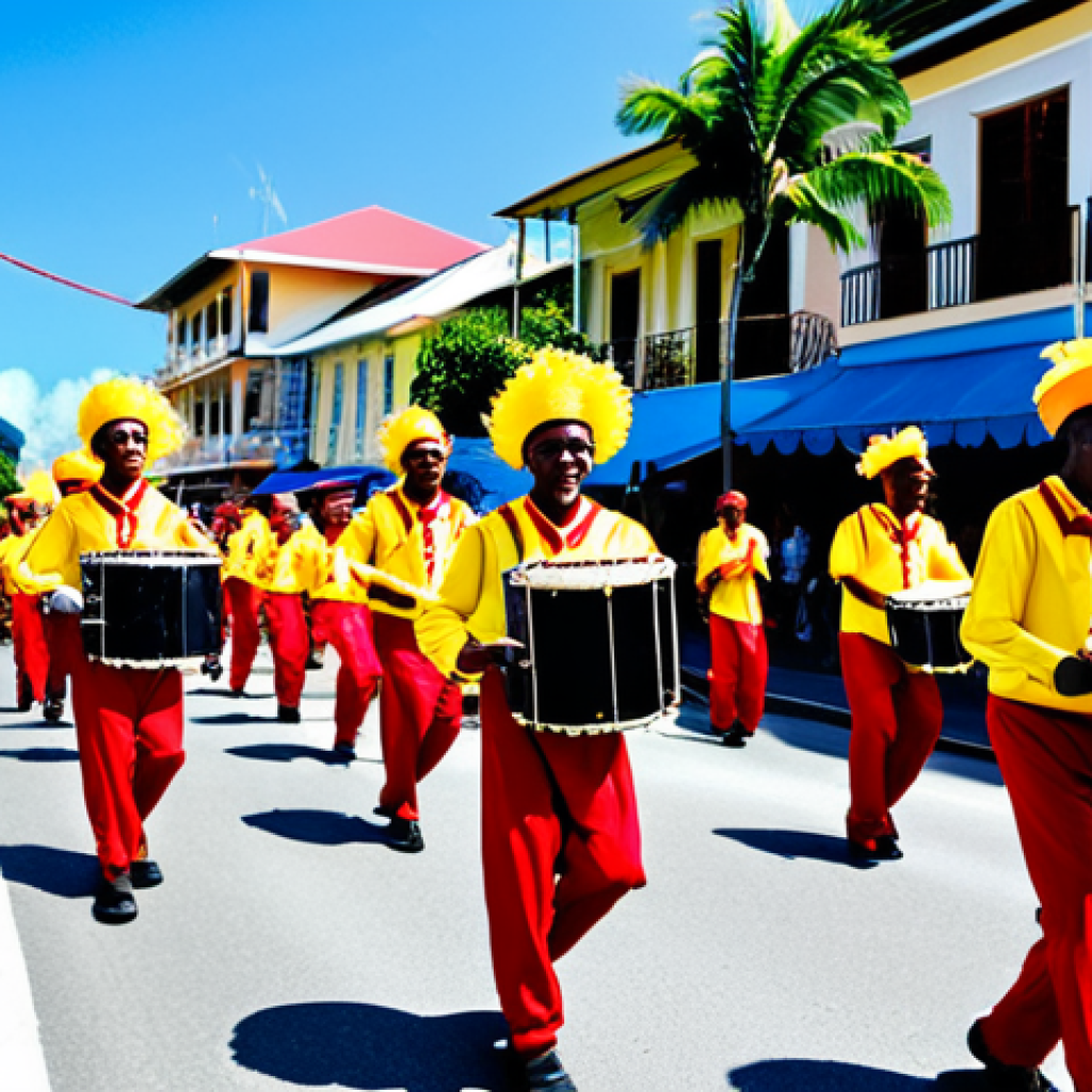 Carnival Parade**
"A vibrant carnival parade in Victoria, Seychelles. Performers in colorful, modest costumes are dancing in the street. Traditional drums and musical instruments are being played. Buildings in the background are decorated with flags and banners. People are smiling and enjoying the celebration, fully clothed, appropriate attire, safe for work, perfect anatomy, natural proportions, professional photography, high quality, family-friendly."
**
