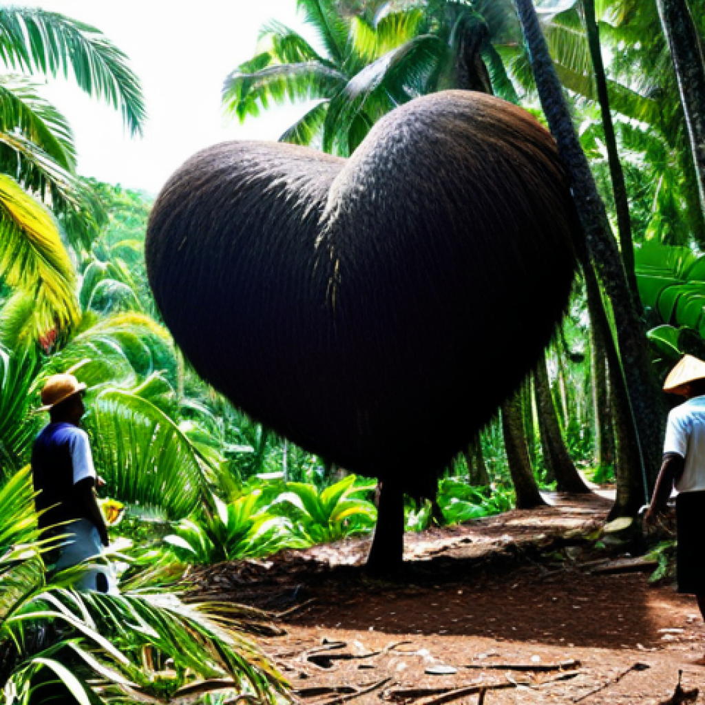 Coco de Mer Forest**

"A lush, dense forest on Praslin Island, Seychelles, featuring towering Coco de Mer palm trees, their massive heart-shaped seeds visible on the ground, sunlight filtering through the canopy, creating a mystical atmosphere, fully clothed people on a guided tour observing the palms, appropriate attire, safe for work, perfect anatomy, correct proportions, professional nature photography, high quality, family-friendly"

**
