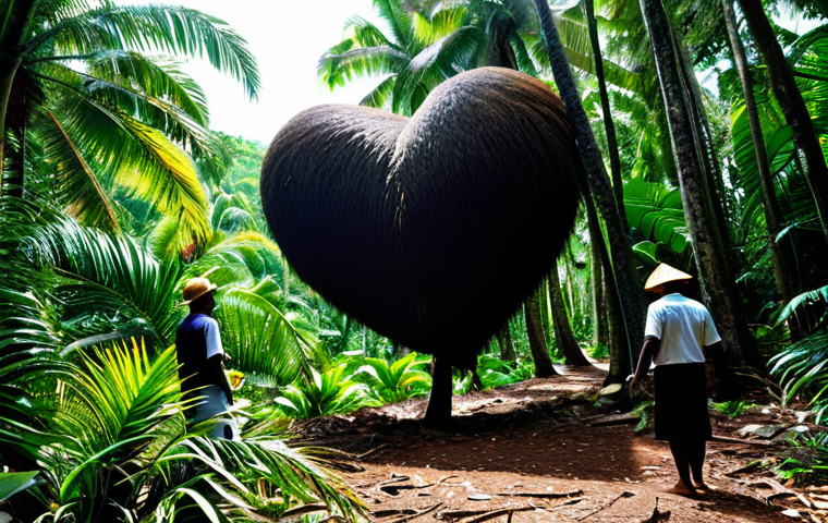 Coco de Mer Forest**
"A lush, dense forest on Praslin Island, Seychelles, featuring towering Coco de Mer palm trees, their massive heart-shaped seeds visible on the ground, sunlight filtering through the canopy, creating a mystical atmosphere, fully clothed people on a guided tour observing the palms, appropriate attire, safe for work, perfect anatomy, correct proportions, professional nature photography, high quality, family-friendly"
**