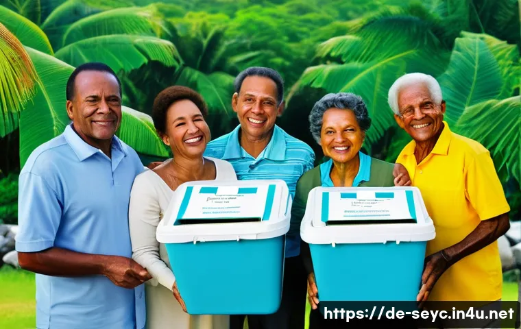 세이셸 정치적 안정 상황 - **Prompt:** A serene and hopeful scene on the Seychelles. A diverse group of Seychellois citizens, m...