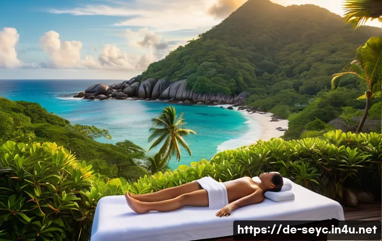 세이셸 스파와 웰니스 프로그램 - **A Luxurious Outdoor Spa in the Seychelles at Sunset:** A high-resolution, hyperrealistic photograp...