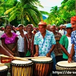 Home 18 세이셸 전통 춤과 음악 - A vibrant street festival scene on the Seychelles islands featuring traditional musicians playing th...