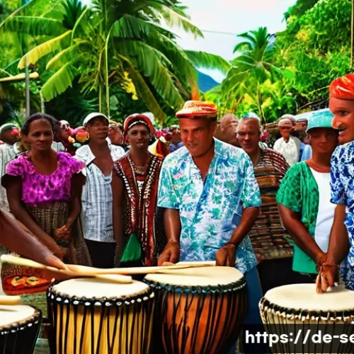 Home 30 세이셸 전통 춤과 음악 - A vibrant street festival scene on the Seychelles islands featuring traditional musicians playing th...