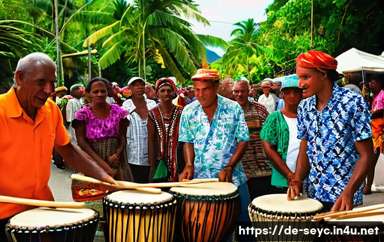 세이셸 전통 춤과 음악 - A vibrant street festival scene on the Seychelles islands featuring traditional musicians playing th...
