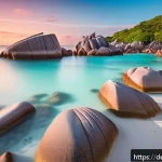 Home 23 세이셸 유명 사진 작가 추천 - A serene early morning scene at Anse Source d’Argent beach on La Digue Island, featuring massive pin...
