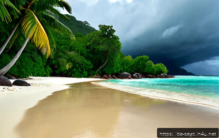세이셸 인도양 연안 기후 특징 - Photorealistic wide-angle view of a Seychelles granite beach on the Indian Ocean during the humid ra...